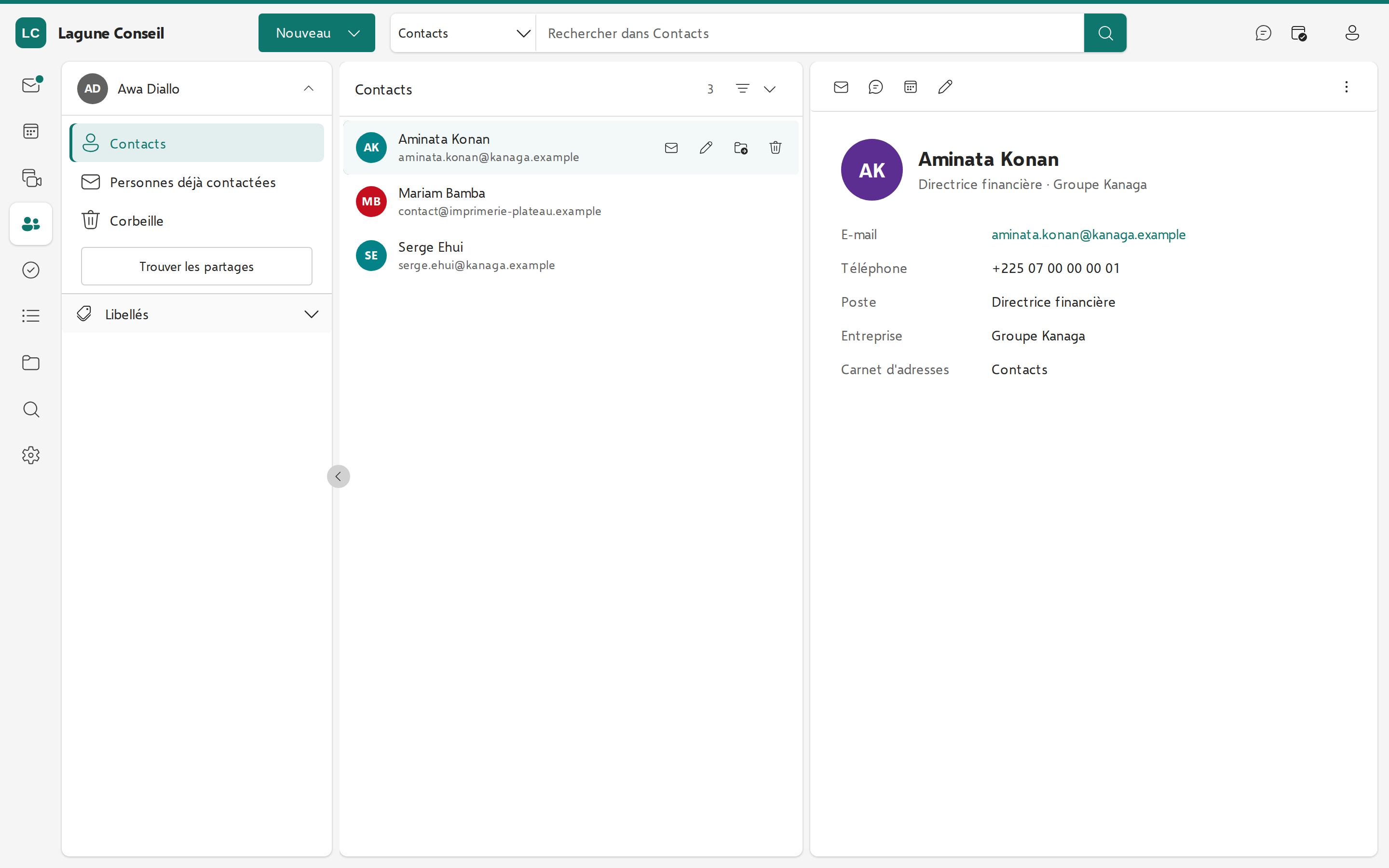 Carnet d’adresses : liste des contacts et fiche d’un contact ouverte