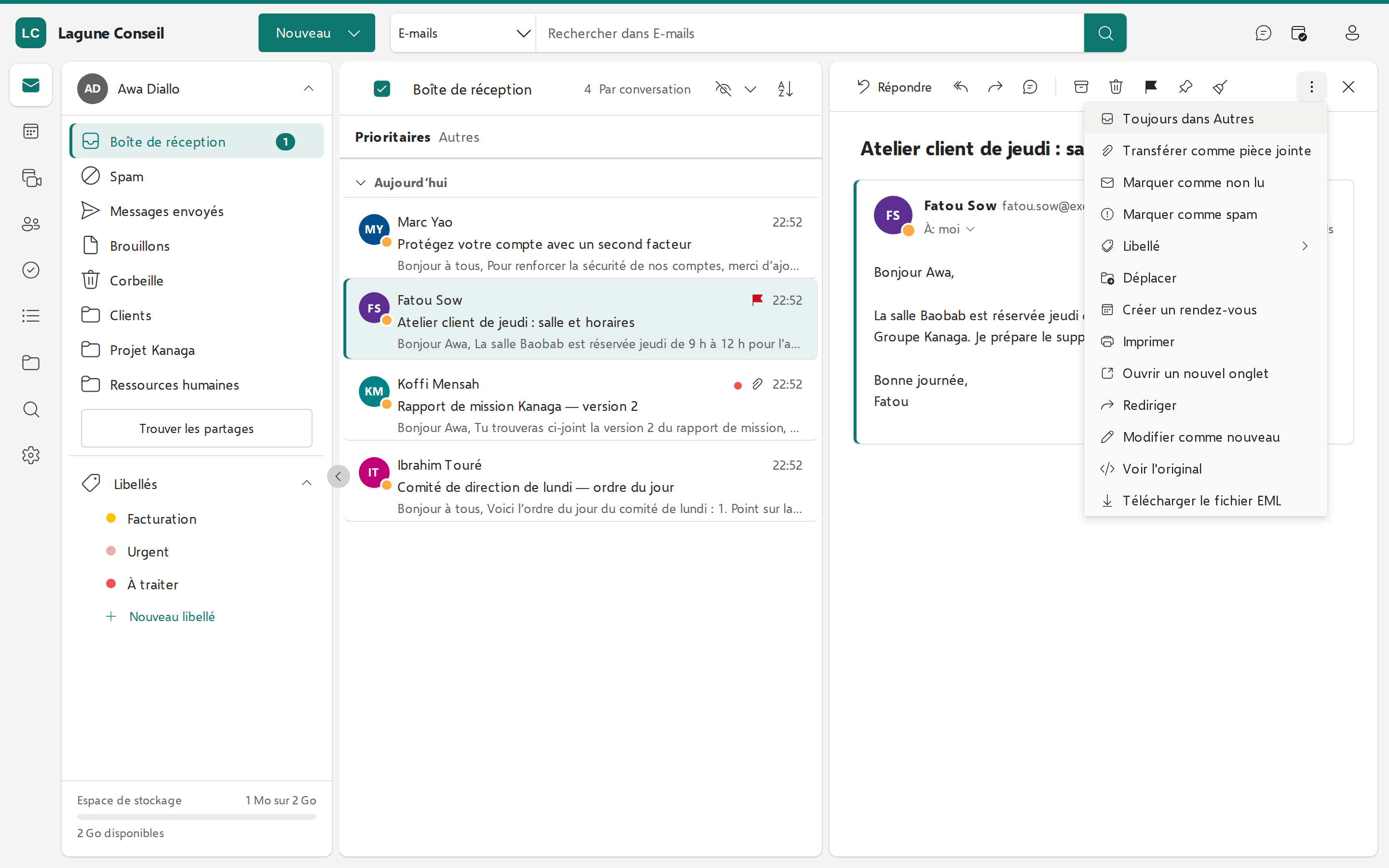 Menu Plus d’actions ouvert sur un message