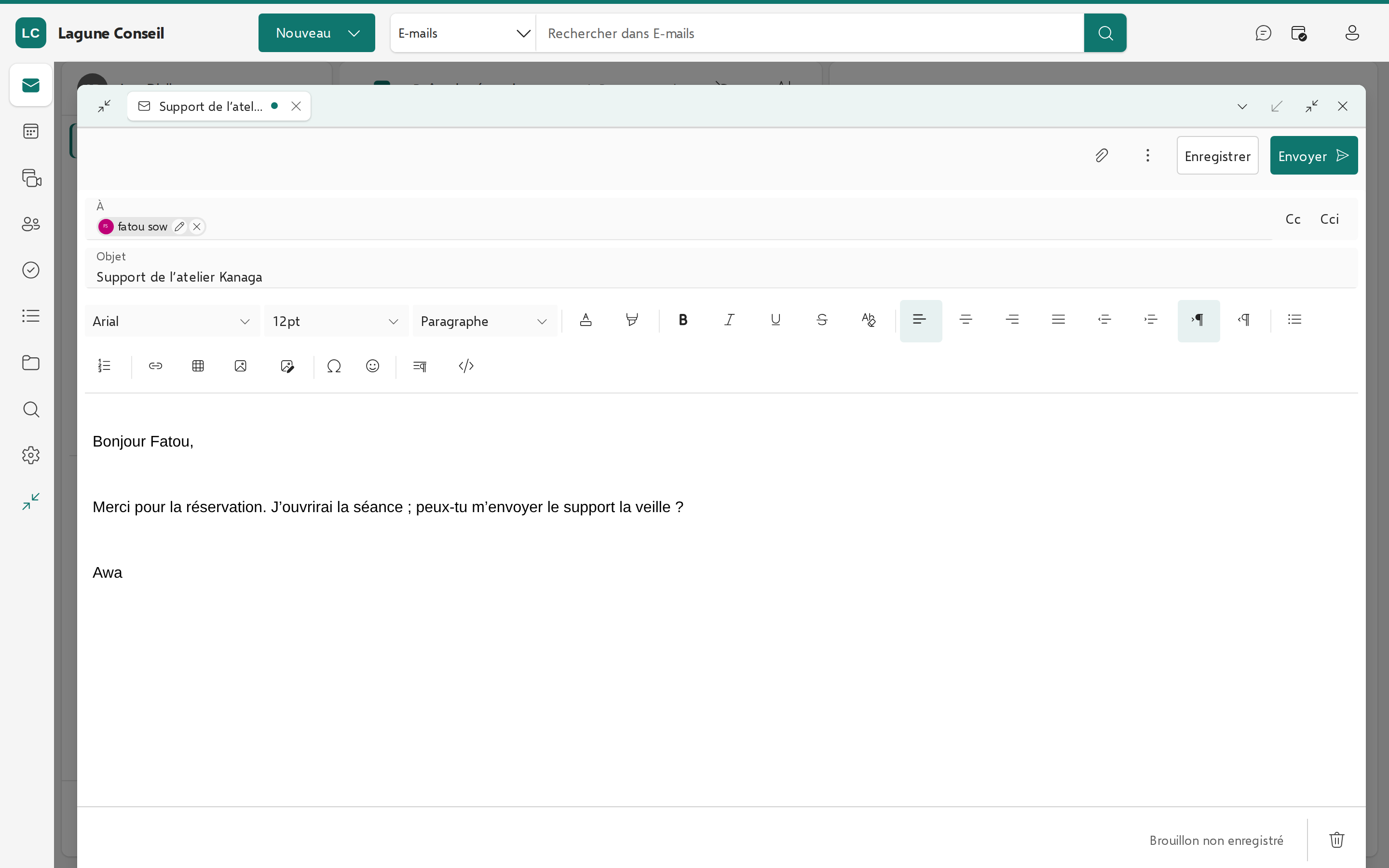 Fenêtre de rédaction agrandie : destinataire choisi, objet et texte saisis