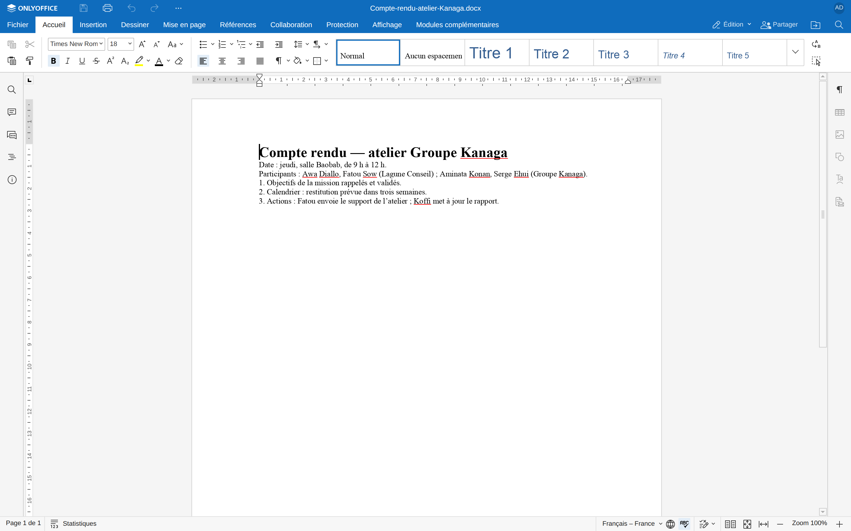 Document ouvert dans l’éditeur, avec ses menus et son ruban