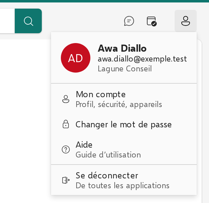 Menu du compte ouvert : Mon compte, Changer le mot de passe, Aide, Se déconnecter