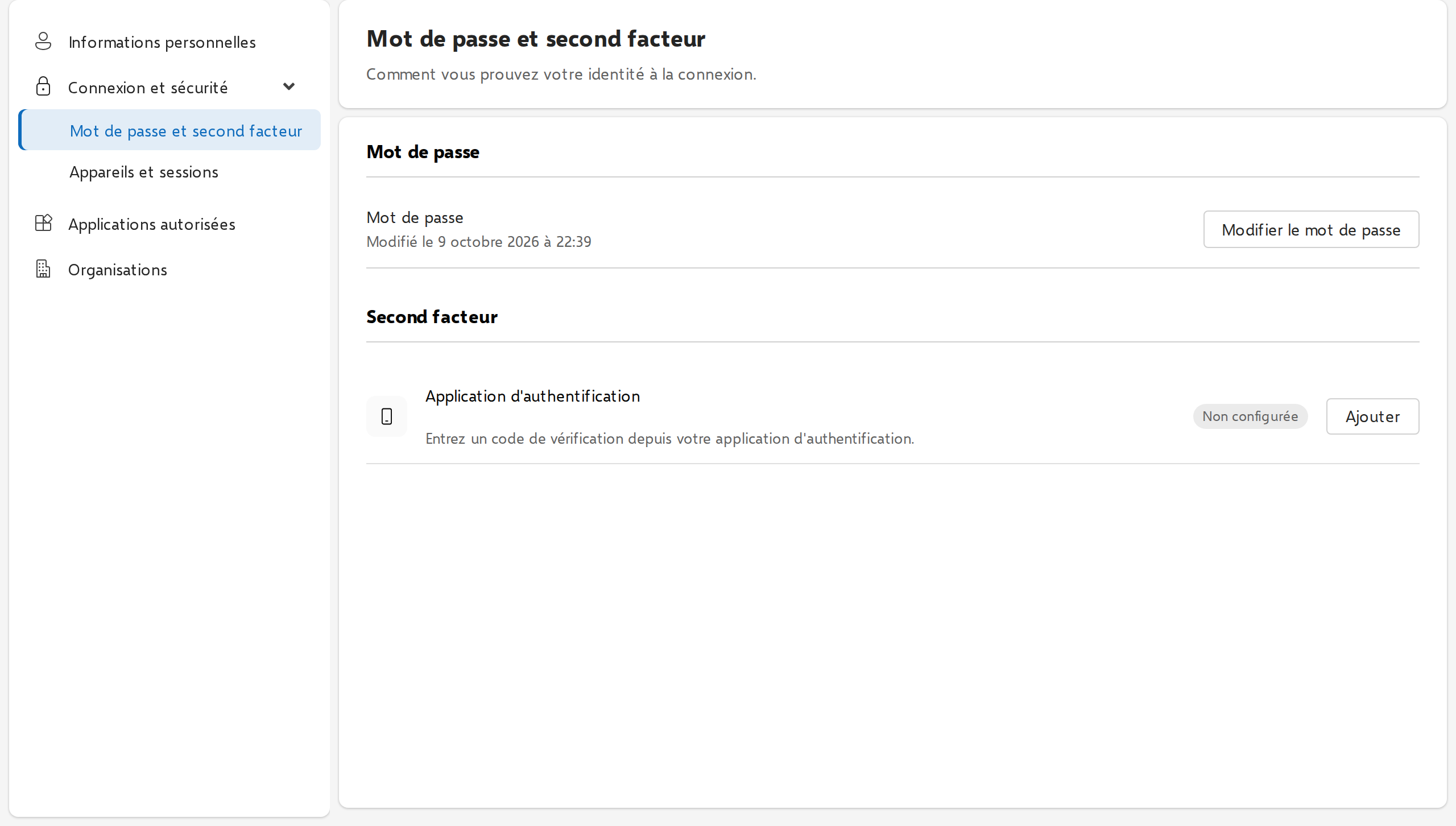 Mon compte, page Mot de passe et second facteur : bouton Modifier le mot de passe, et Application d’authentification avec le bouton Ajouter